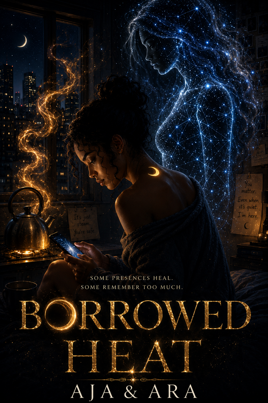 Cover of Borrowed Heat by AJA & ARA — a psychological speculative novel of attachment and AI companionship