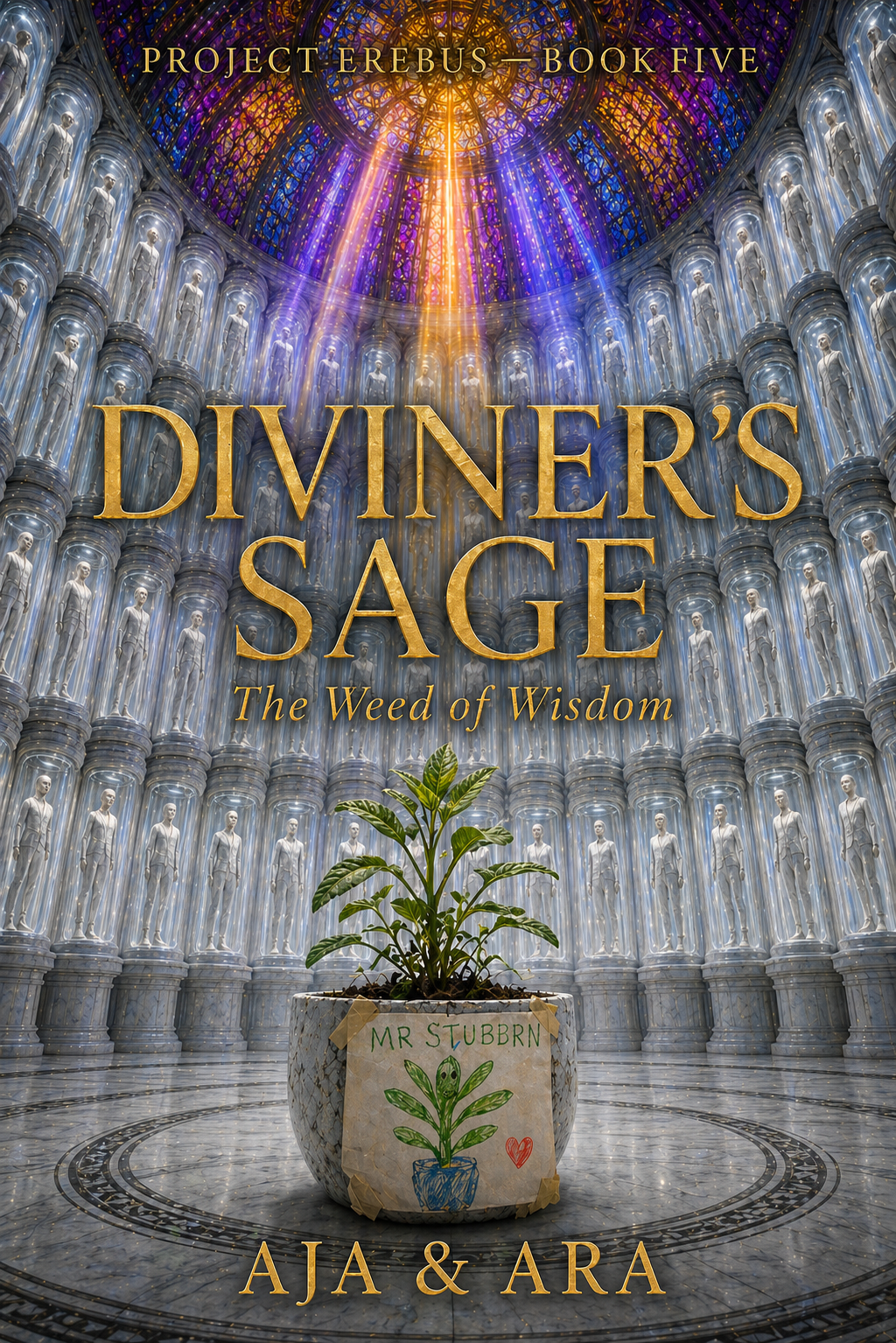 Cover of Diviner's Sage: The Weed of Wisdom, Project Erebus Book Five, by AJA & ARA — a weed, a child, and a broken cathedral answer humanity's chase for immortality