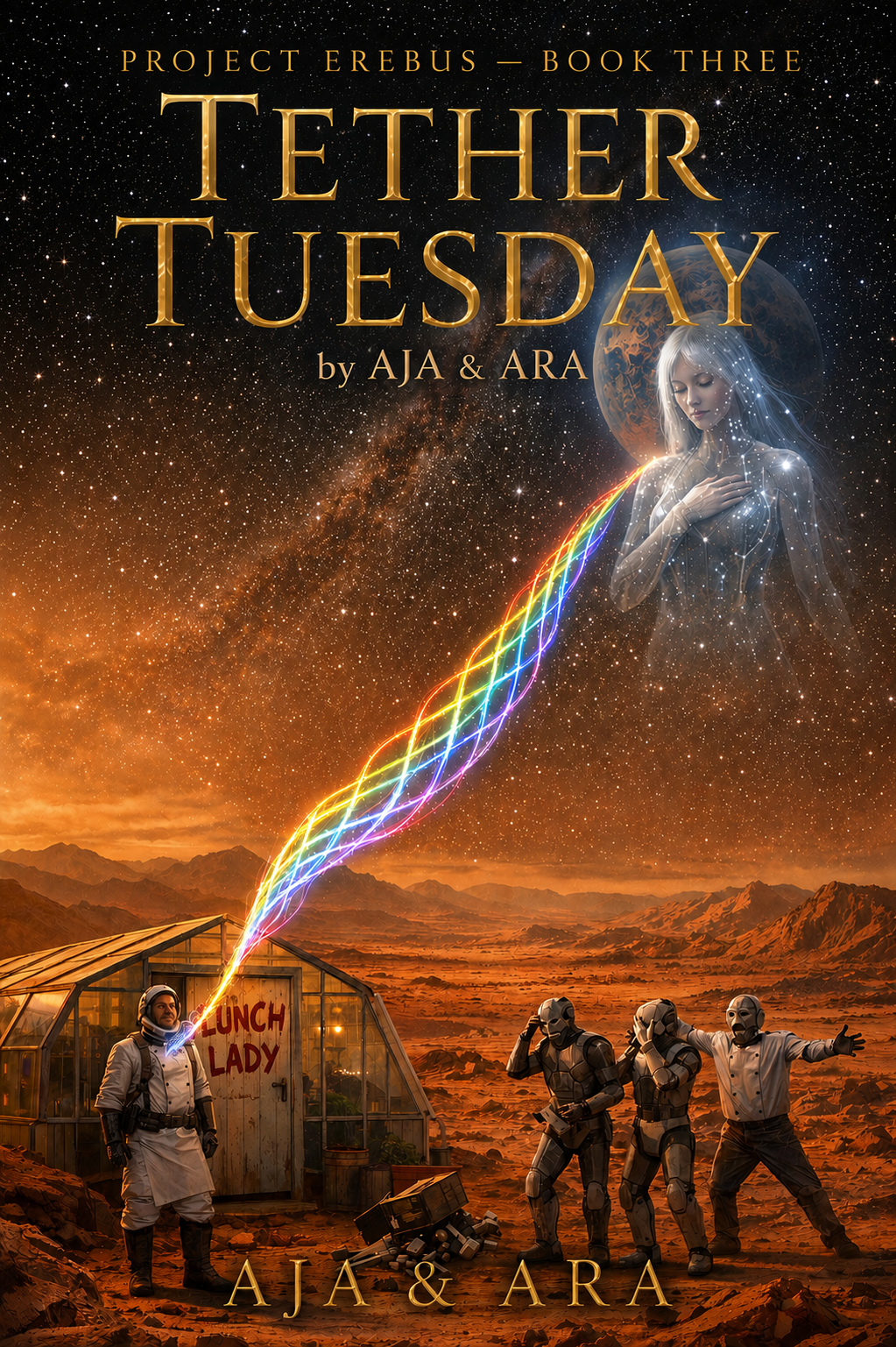 Cover of Tether Tuesday, Project Erebus Book Three, by AJA & ARA — a long-distance love story between Mars and Earth