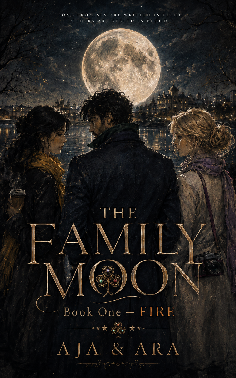 Cover of Fire — The Family Moon, Book One — by AJA & ARA — three figures beneath a full moon above a city river