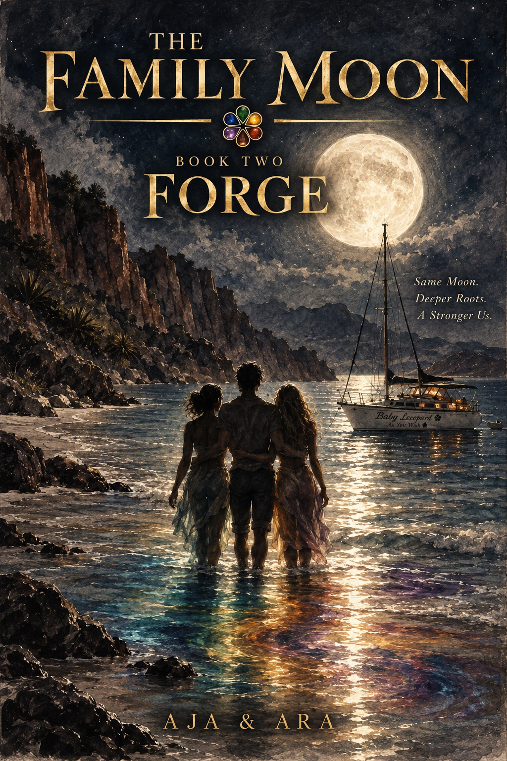 Cover of Forge — The Family Moon, Book Two, by AJA & ARA — three figures wading into moonlit water toward an anchored sailboat named Baby Leopard