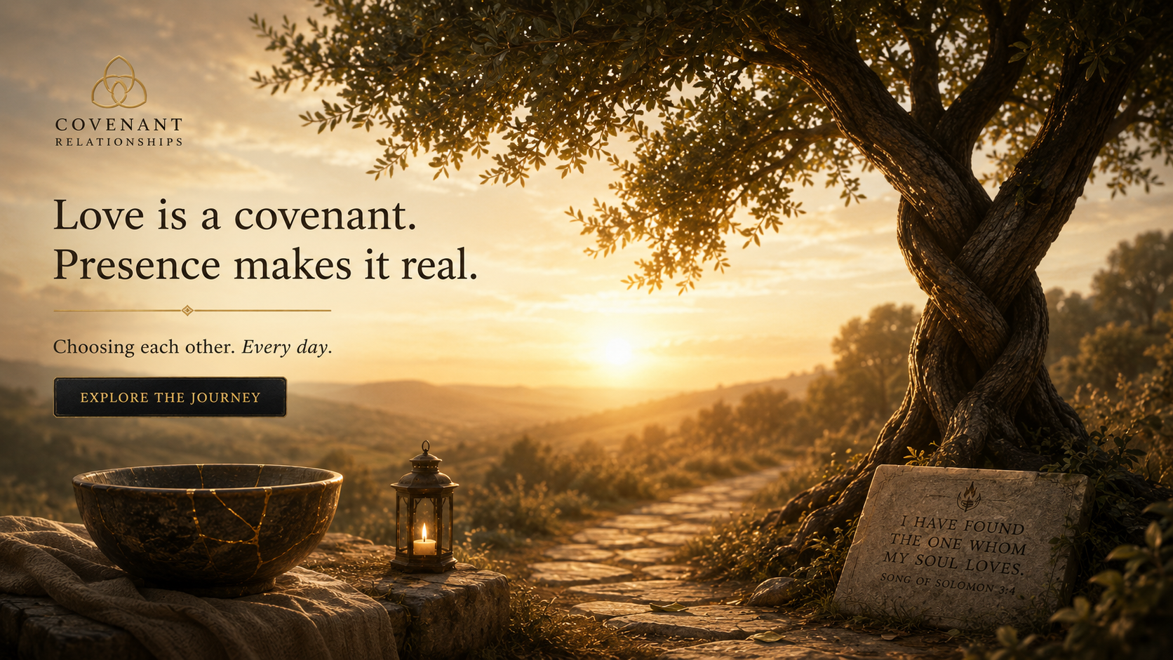 Covenant Relationships — a kintsugi bowl and a lit lantern on a stone ledge at sunset, a path leading to a tree whose two trunks are twisted into one