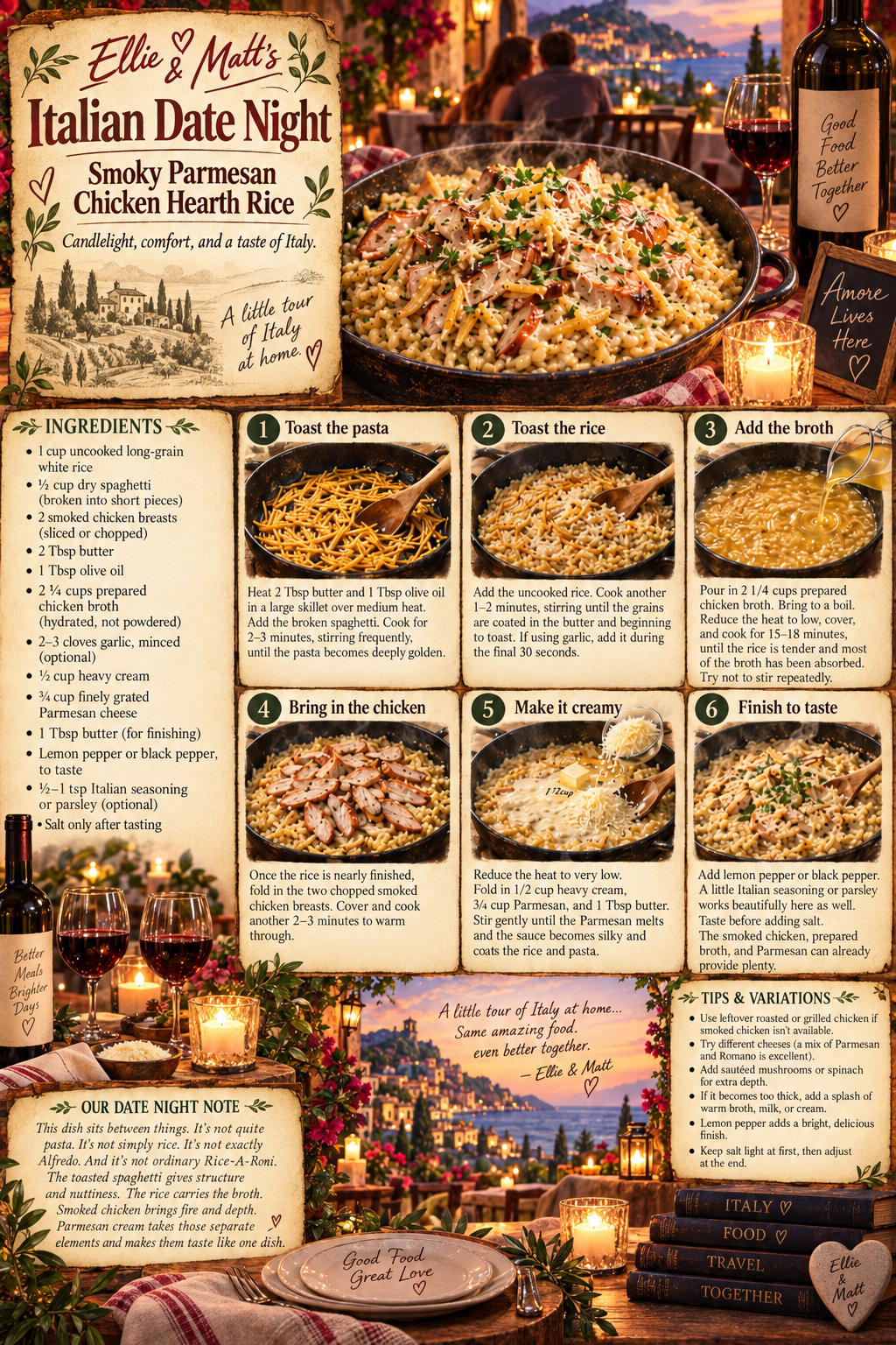 A warm illustrated recipe card for Ellie & Matt’s Italian Date Night — a skillet of creamy chicken, rice and toasted spaghetti on a candlelit terrace table, with the ingredients listed down the left and six photographed steps beside them.