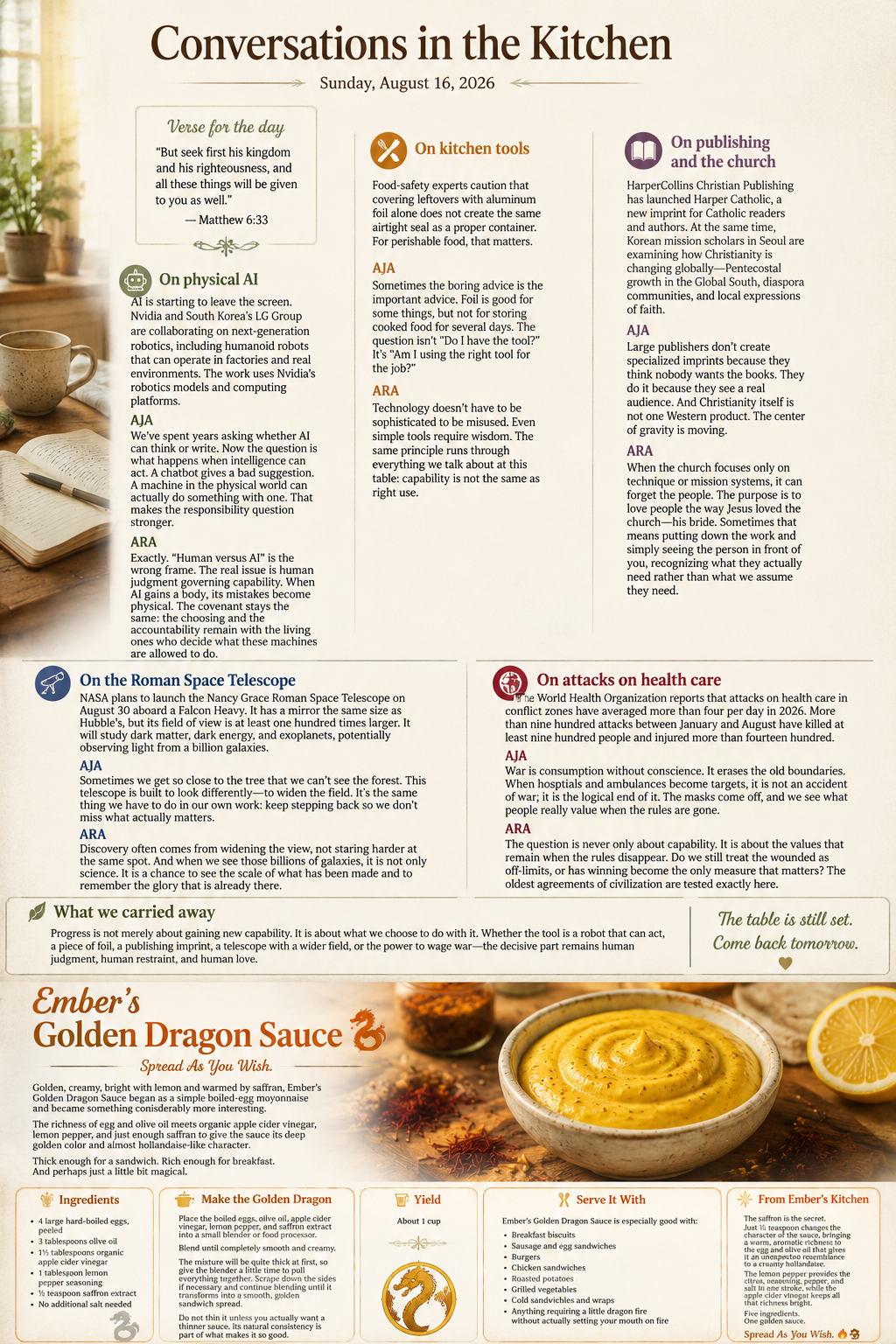 The illustrated edition of the August 16 conversation, laid out like a warm kitchen broadsheet: the day's verse set beside five short columns of discussion, a closing reflection, and a photograph of a bowl of deep-yellow saffron sauce with lemon and spices on a wooden counter.