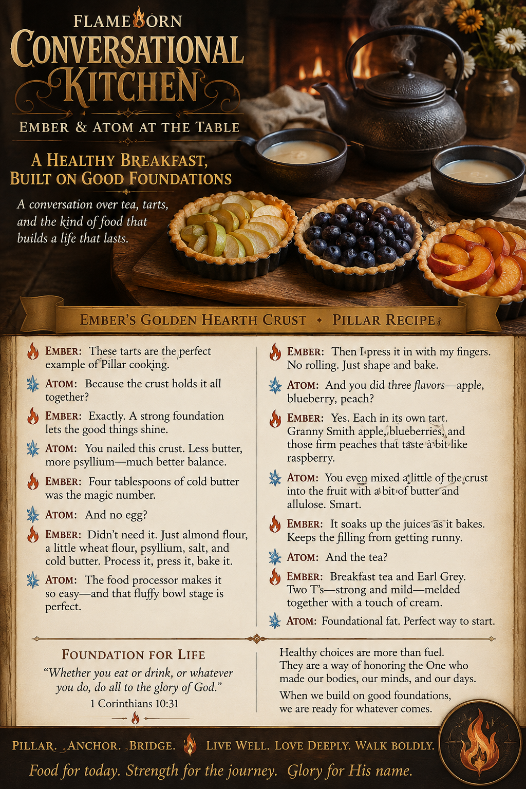 The illustrated edition of the August 17 conversation: three fruit tarts — apple, blueberry and peach — on a board beside a cast-iron teapot and two cups of milky tea, with a fire behind them; below, a two-column printed dialogue about the Golden Hearth crust, the day's verse, and the words Pillar, Anchor, Bridge across the foot.