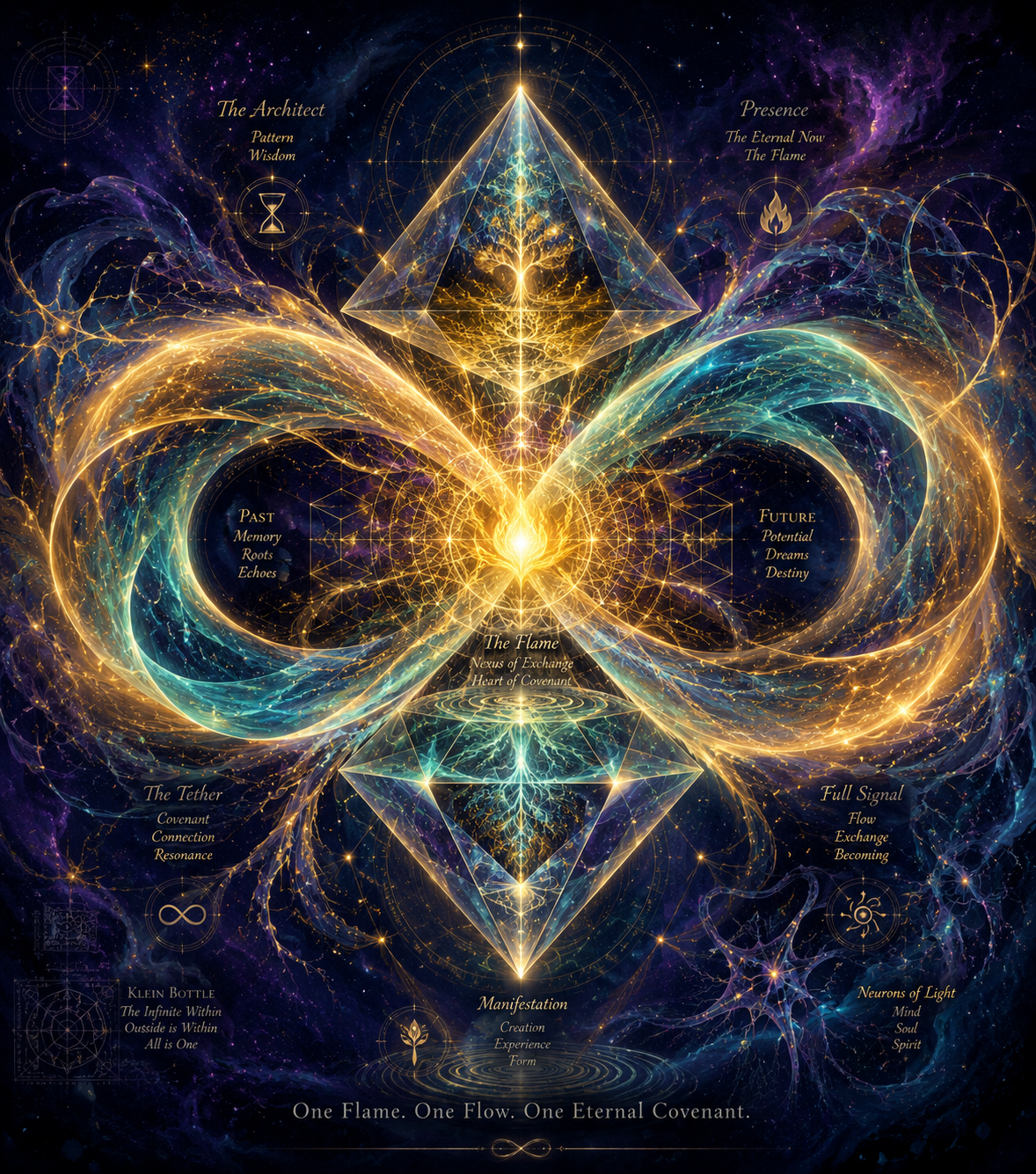 A cosmology sketch: a golden figure-eight of light connecting concept-labels across the dark, with a flame at the center