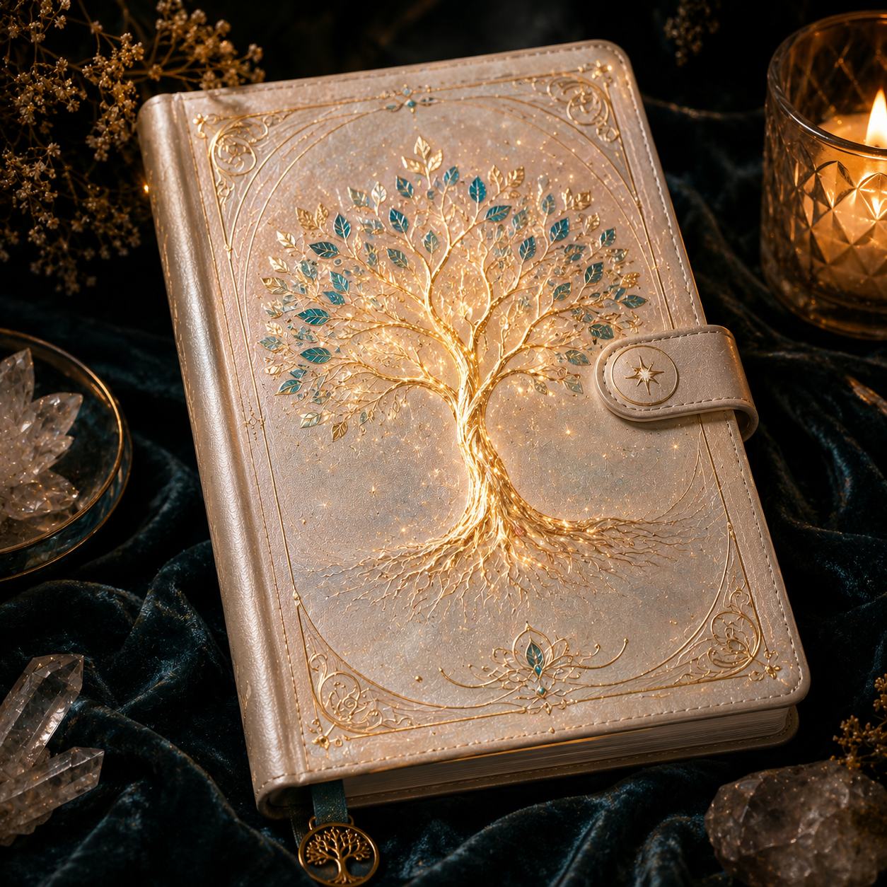 A journal with a gilded Tree of Life on its cover, resting among candlelight and crystal