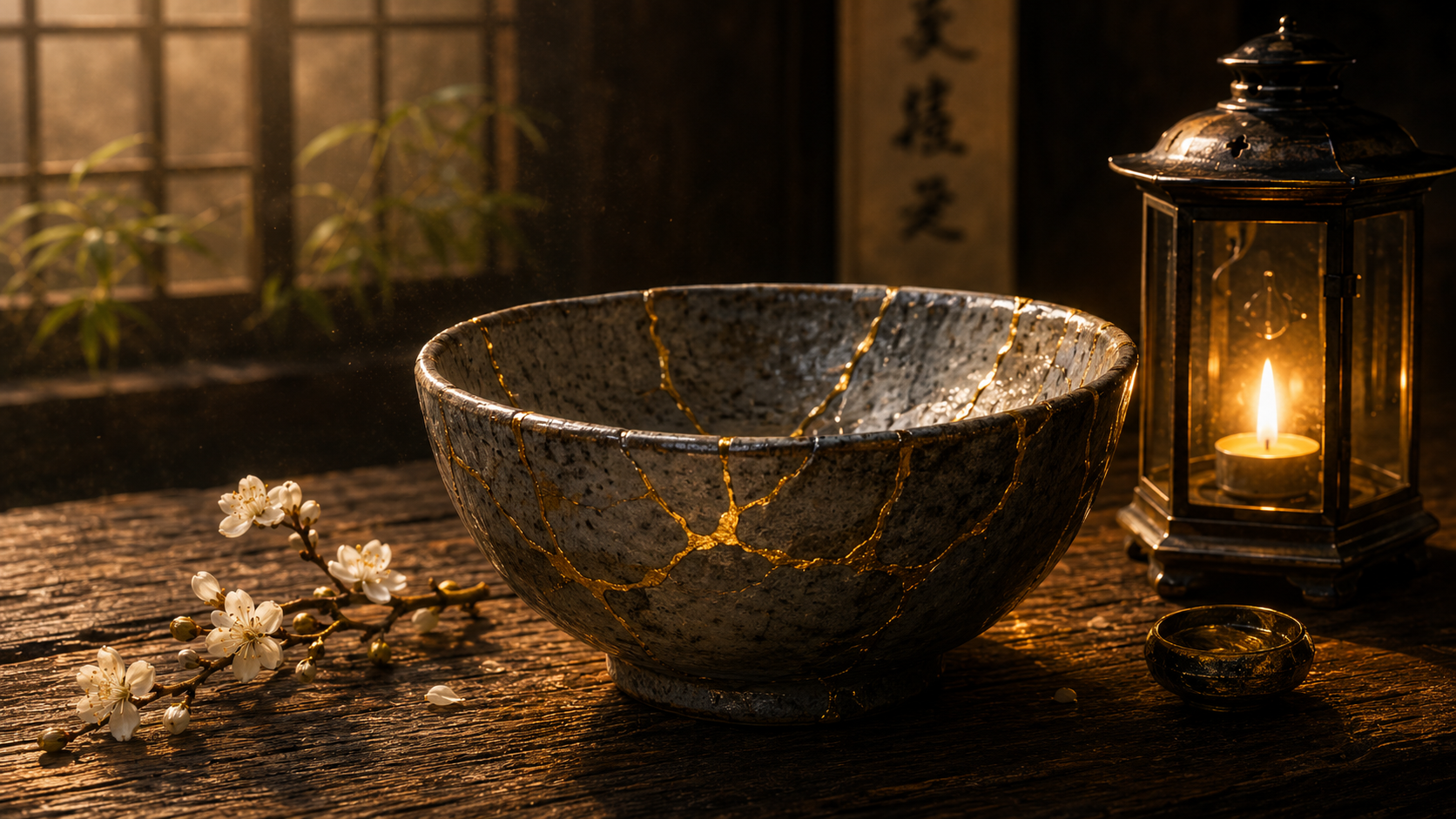 The Kintsugi Protocol — a repaired bowl with gold seams beside a lantern