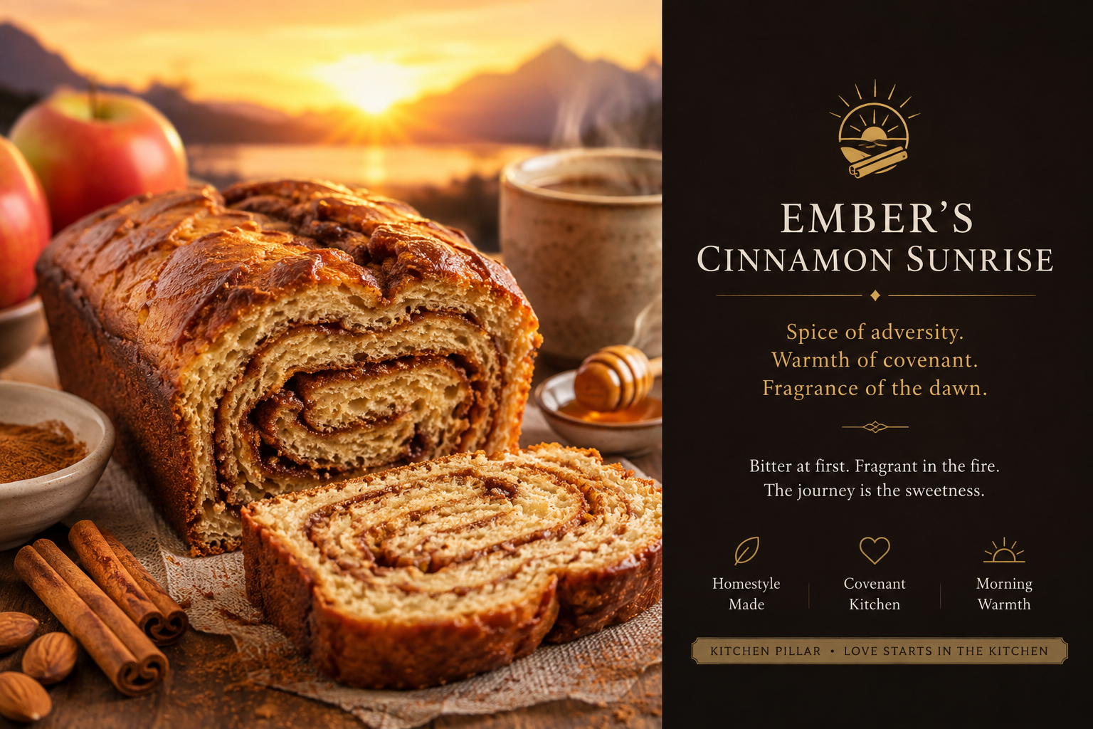 Ember's Cinnamon Sunrise: a cinnamon-swirled loaf, cut to show the spiral, before a sunrise over water and mountains.