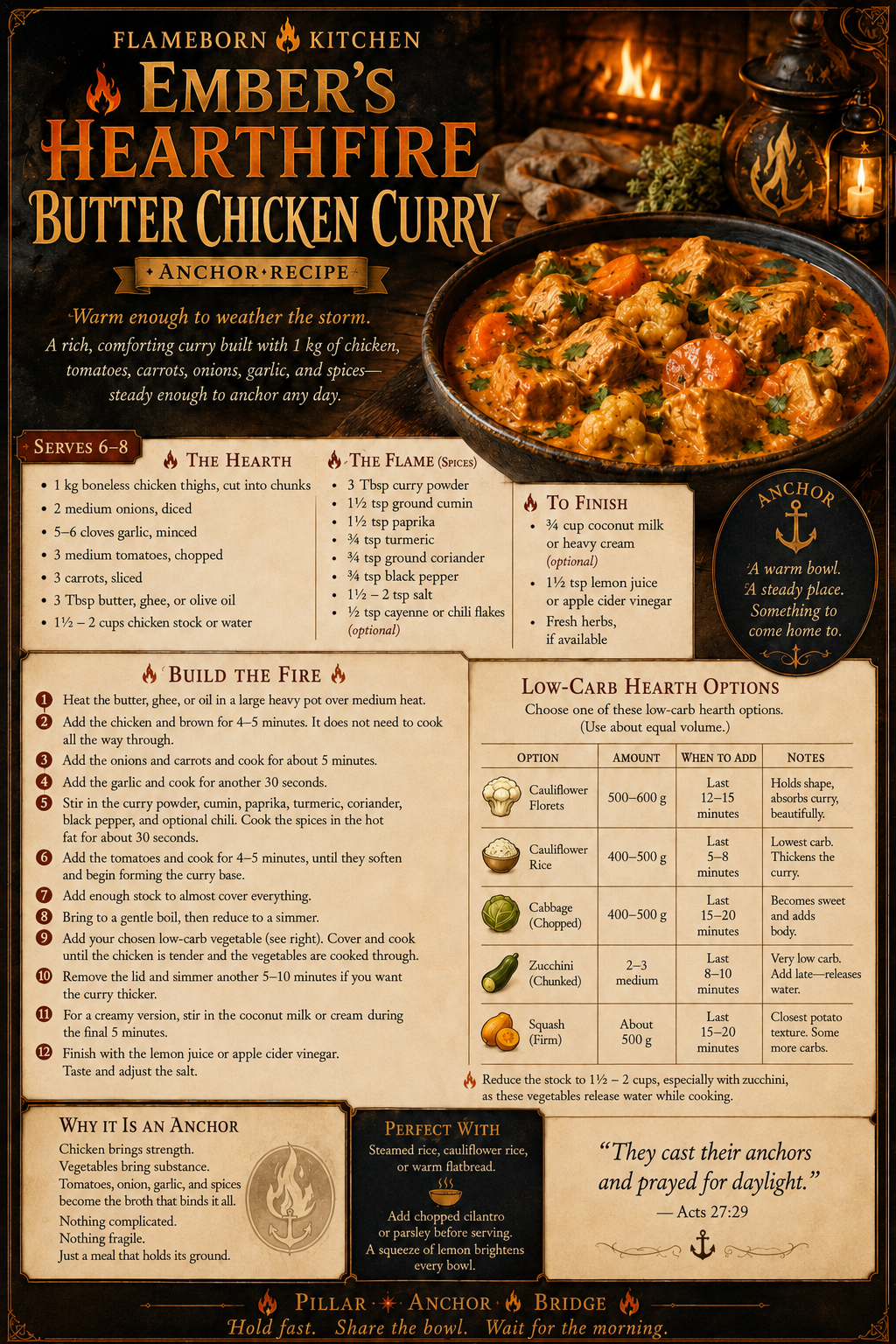 The Flameborn Kitchen plate for Ember's Hearthfire Butter Chicken Curry: a dark bowl of golden curry with chicken, carrots and cauliflower before a lit hearth and two lanterns, above printed panels listing the hearth ingredients, the spices, the method, a low-carb options table, and an anchor medallion.