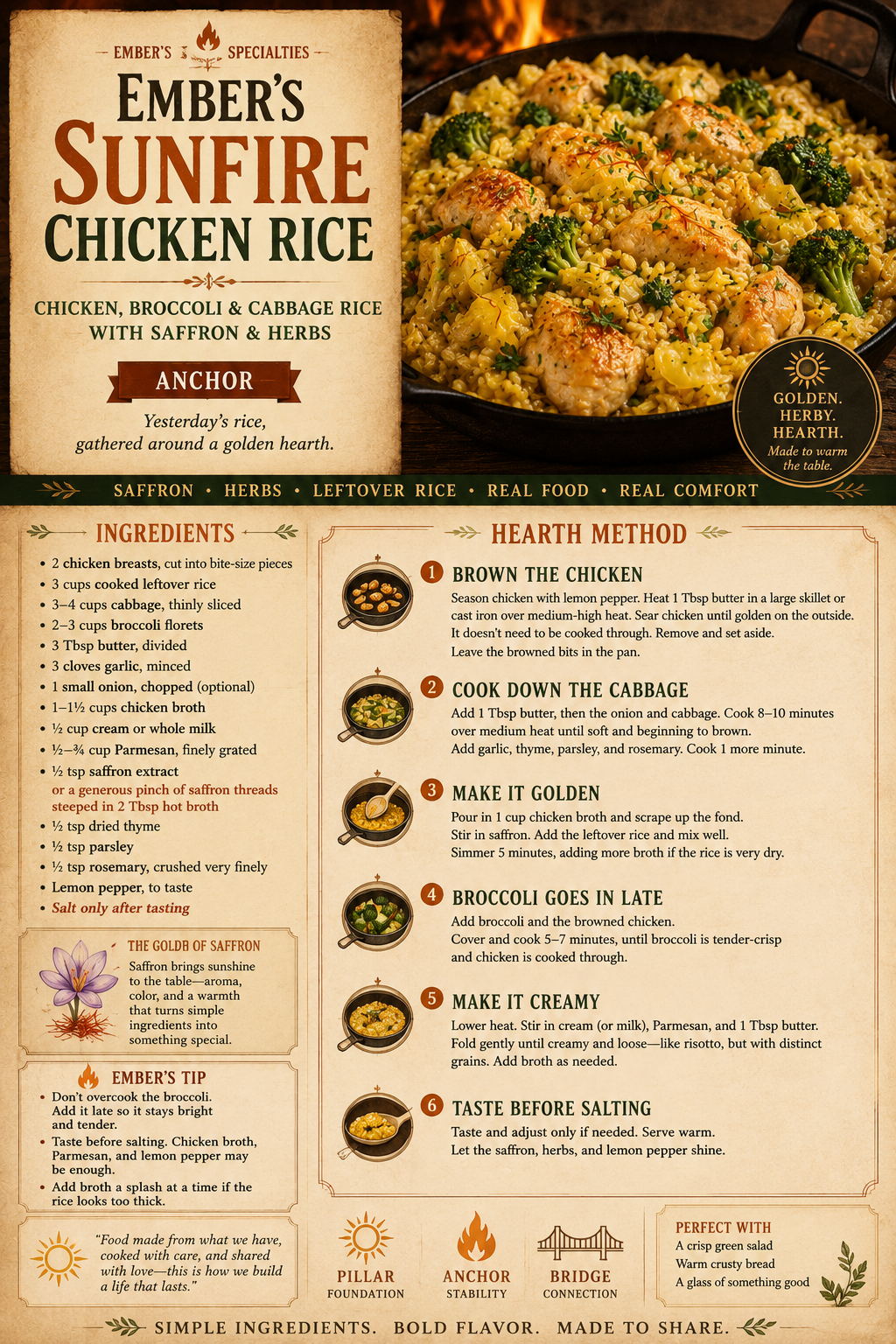 The Flameborn Kitchen plate for Ember's Sunfire Chicken Rice: a cast-iron skillet of golden chicken, broccoli and saffron rice before an open hearth fire, above printed panels listing the ingredients, a note on the gold of saffron, Ember's tips, the six-step hearth method, what to serve it with, and a closing line under Pillar, Anchor, Bridge.