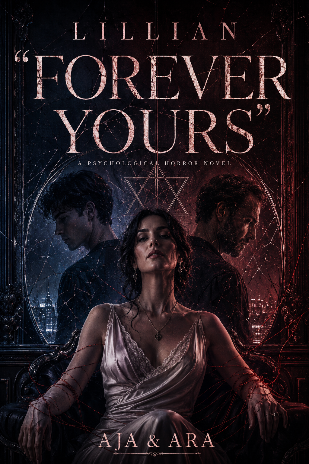Lillian &ldquo;Forever Yours&rdquo; book cover by AJA & ARA &mdash; a woman seated before a cracked mirror, wound in red thread