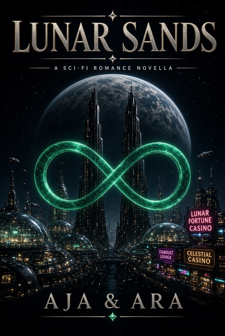 Cover of Lunar Sands by AJA & ARA — a neon lunar skyline beneath a green infinity sign