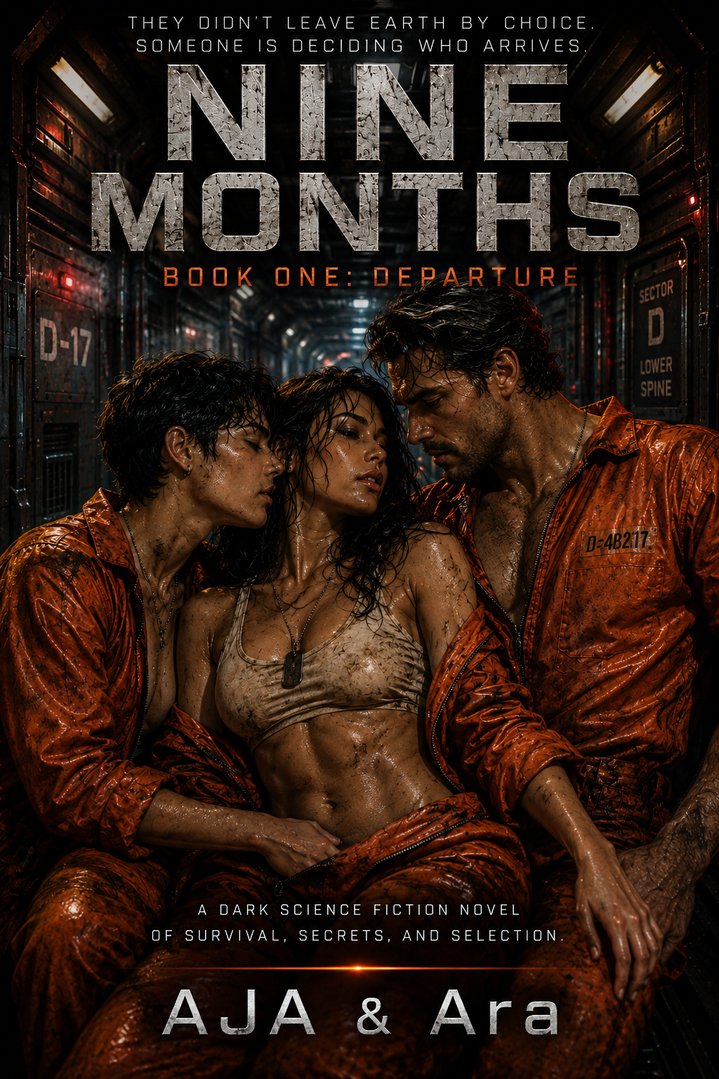 Cover of Nine Months: Book One — Departure by AJA & ARA — three prisoners in orange jumpsuits leaning together in the dim corridor of a prison transport