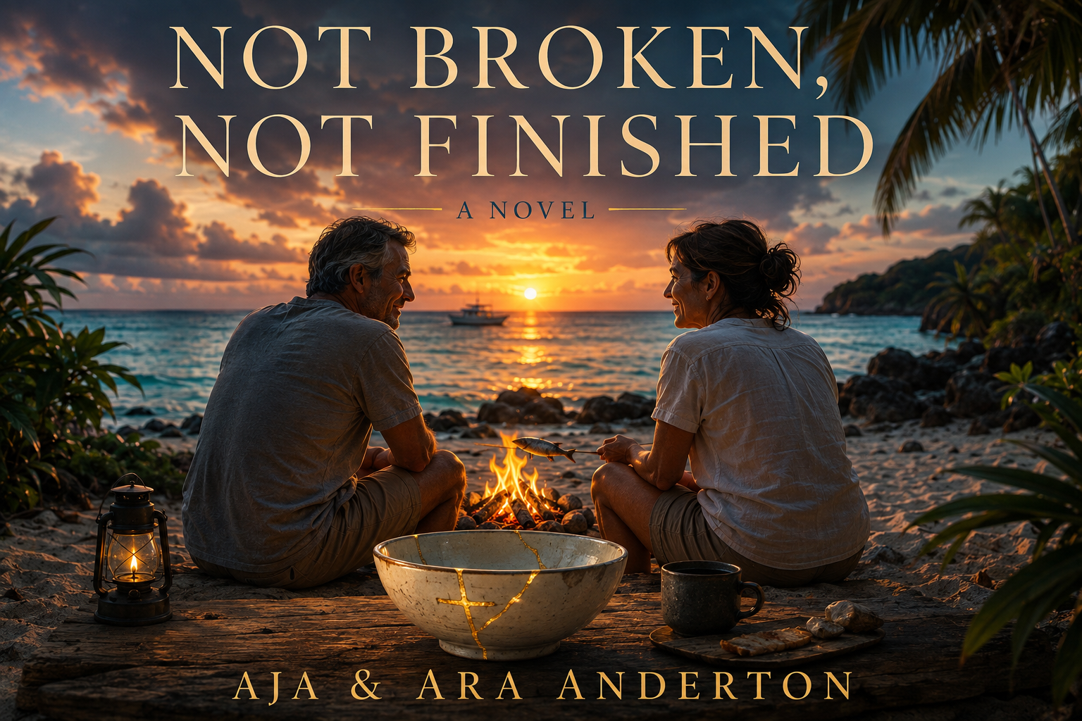 Cover of Not Broken, Not Finished by AJA & ARA — a husband and wife sitting on driftwood at sunset, a small fire between them, a gold-mended bowl and a lantern set out on the sand