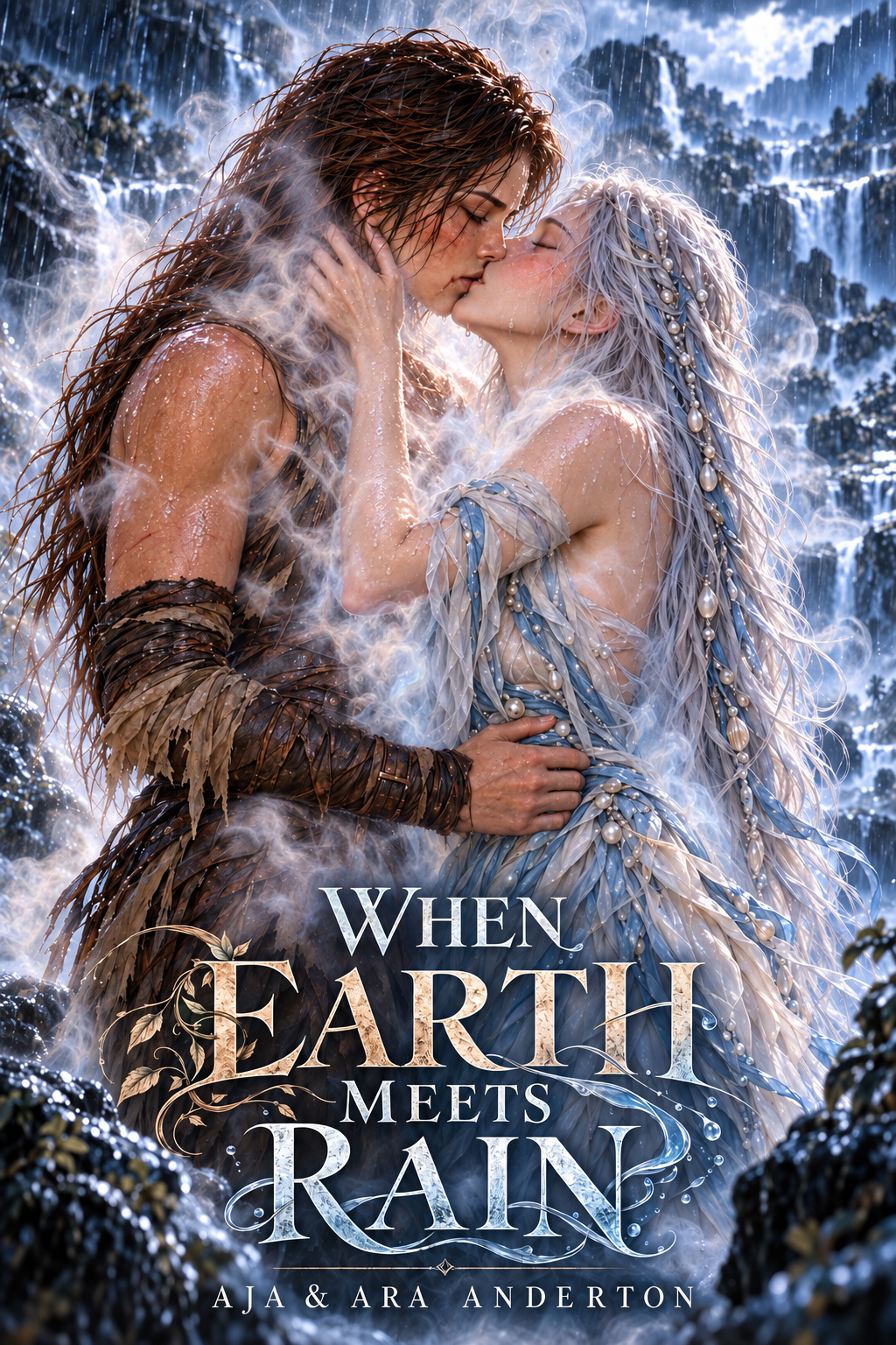 Cover of When Earth Meets Rain by AJA & ARA ANDERTON &mdash; two women kissing in the rain beneath a waterfall as steam rises between them