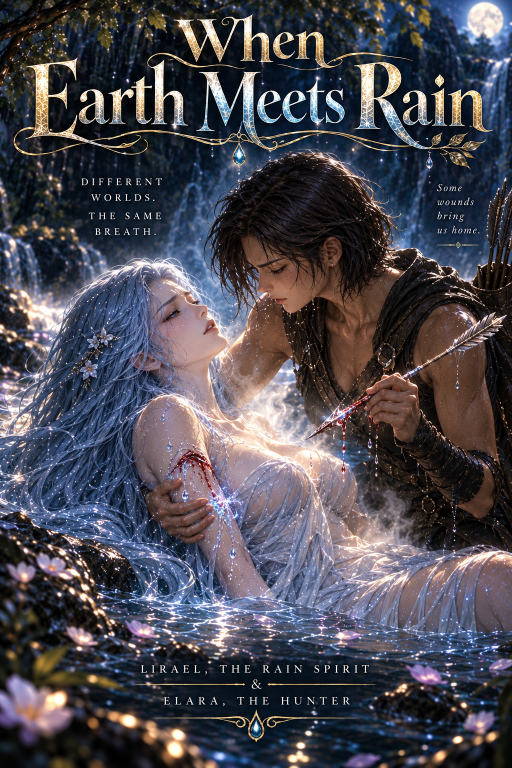 Lirael, a river-walker with long silver-blue hair, lies in the shallows of a moonlit waterfall pool, bleeding from a wound on her upper arm. Elara, a dark-haired hunter in worn leather, kneels over her, one hand cradling the wounded arm and the other still holding the arrow she loosed.